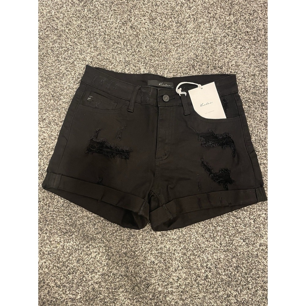 NWT Kancan Womans Black Stretchy Comfy Distressed Denim Shorts Size 9/28